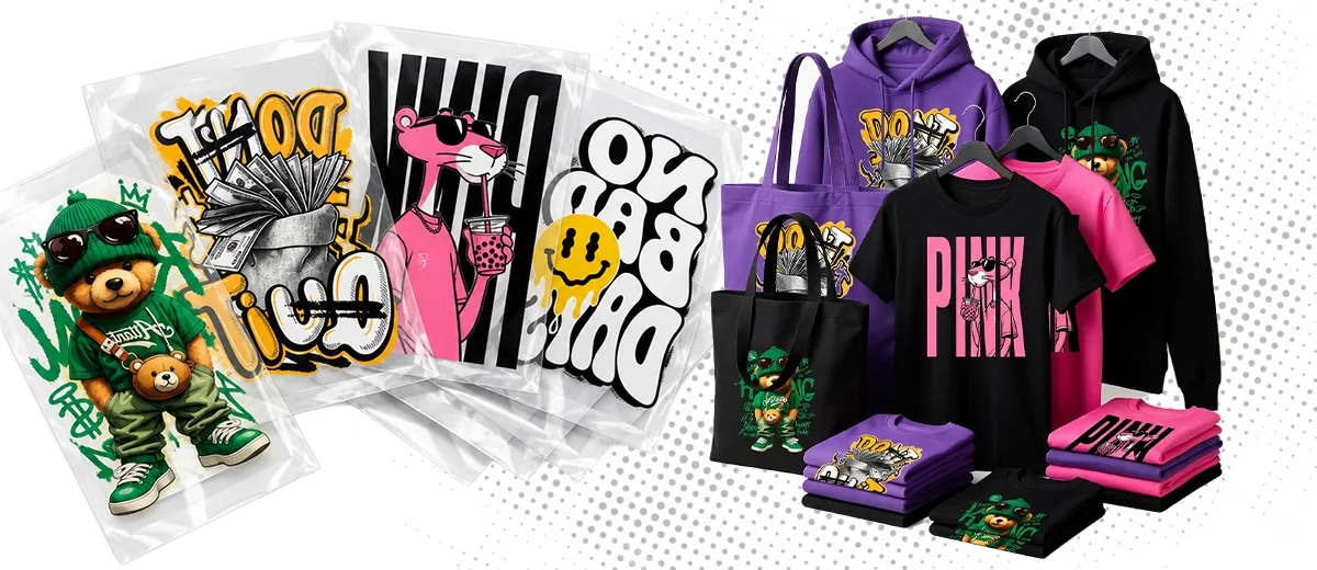 Transfers de DTF Têxtil ao lado de camisetas, moletons e sacolas estampados